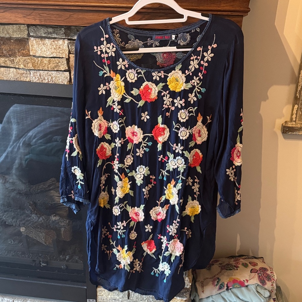 Johnny Was Navy Top with Colorful Floral Embroidery